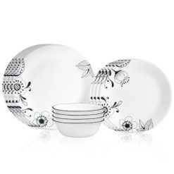 Corelle Lightweight Plates Inked Poppy 12-piece Dinnerware Set, Service for 4