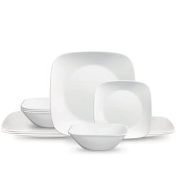Corelle Lightweight Plates Square  Pure White 12-piece Dinnerware Set with Appetizer Plates, Service for 4