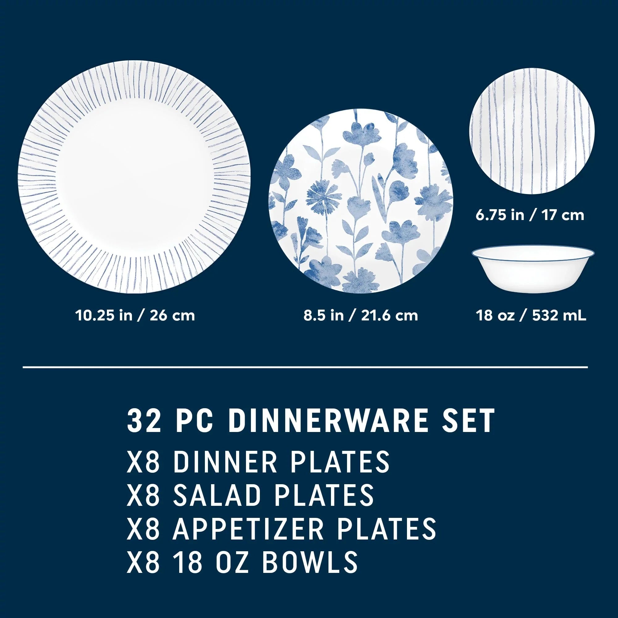 Corelle Lightweight Plates Botanical Stripes 32-piece Dinnerware Set, Service for 8 - Image 2