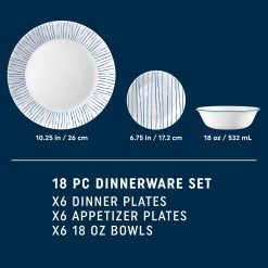 Alternative view of Corelle Lightweight Plates Nautical Stripes 18-piece Dinnerware Set, Service for 6